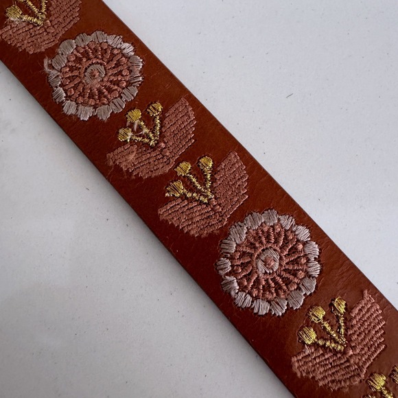 Lucky Brand Floral Embroidered Leather Belt Women Small Cognac Brown Boho NEW main image 7